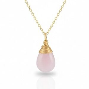 Gold Wire Wrapped Pink Kunzite Teardrop Gemstone Crystal‎ Pendant Necklace